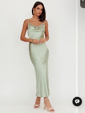 Selfie Leslie “Saints&Secrets”-Gentle Touch Cowl Neck Satin Maxi Dress Sage
